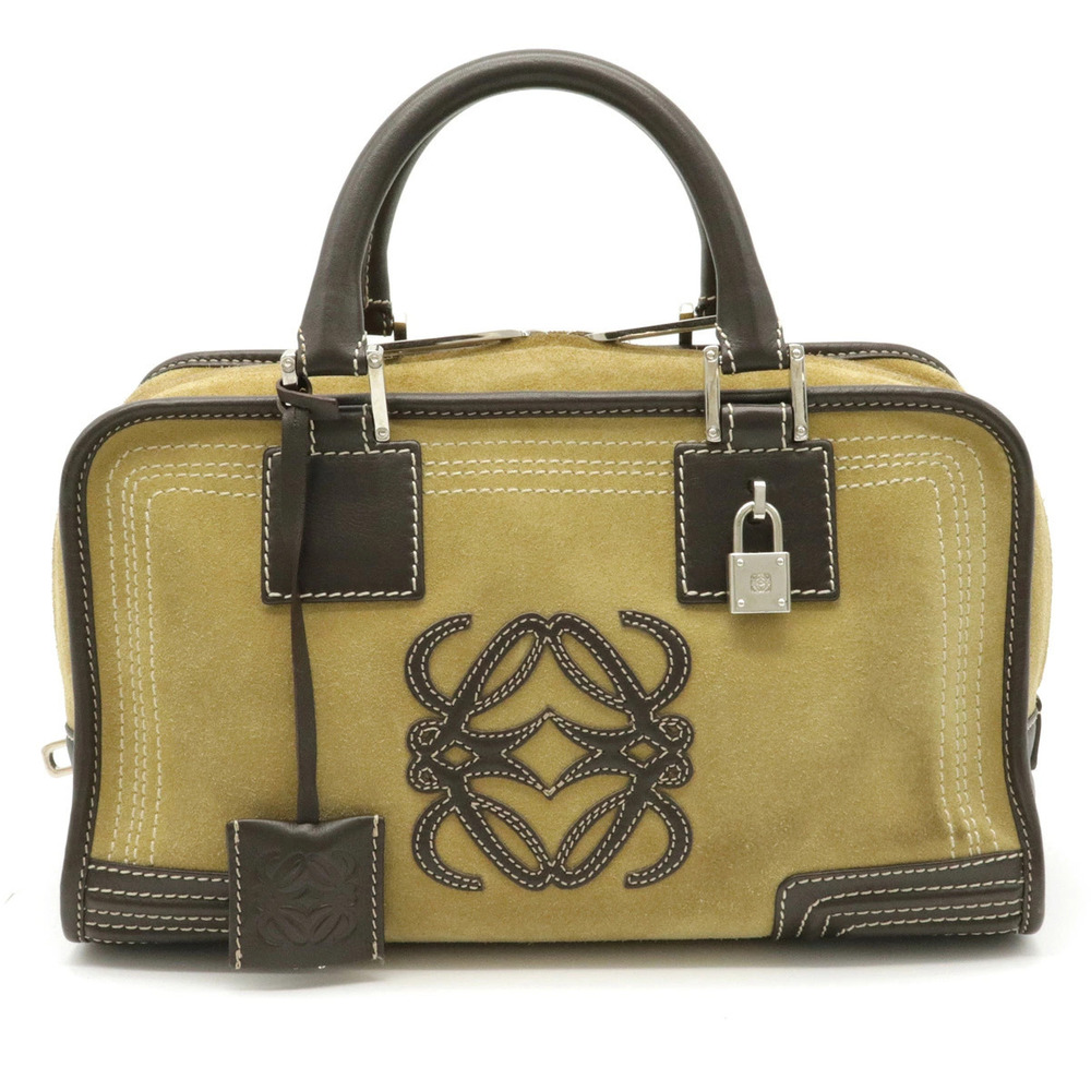 Loewe Amazona Handbag Boston Bag Suede Leather Khaki Green Dark Brown